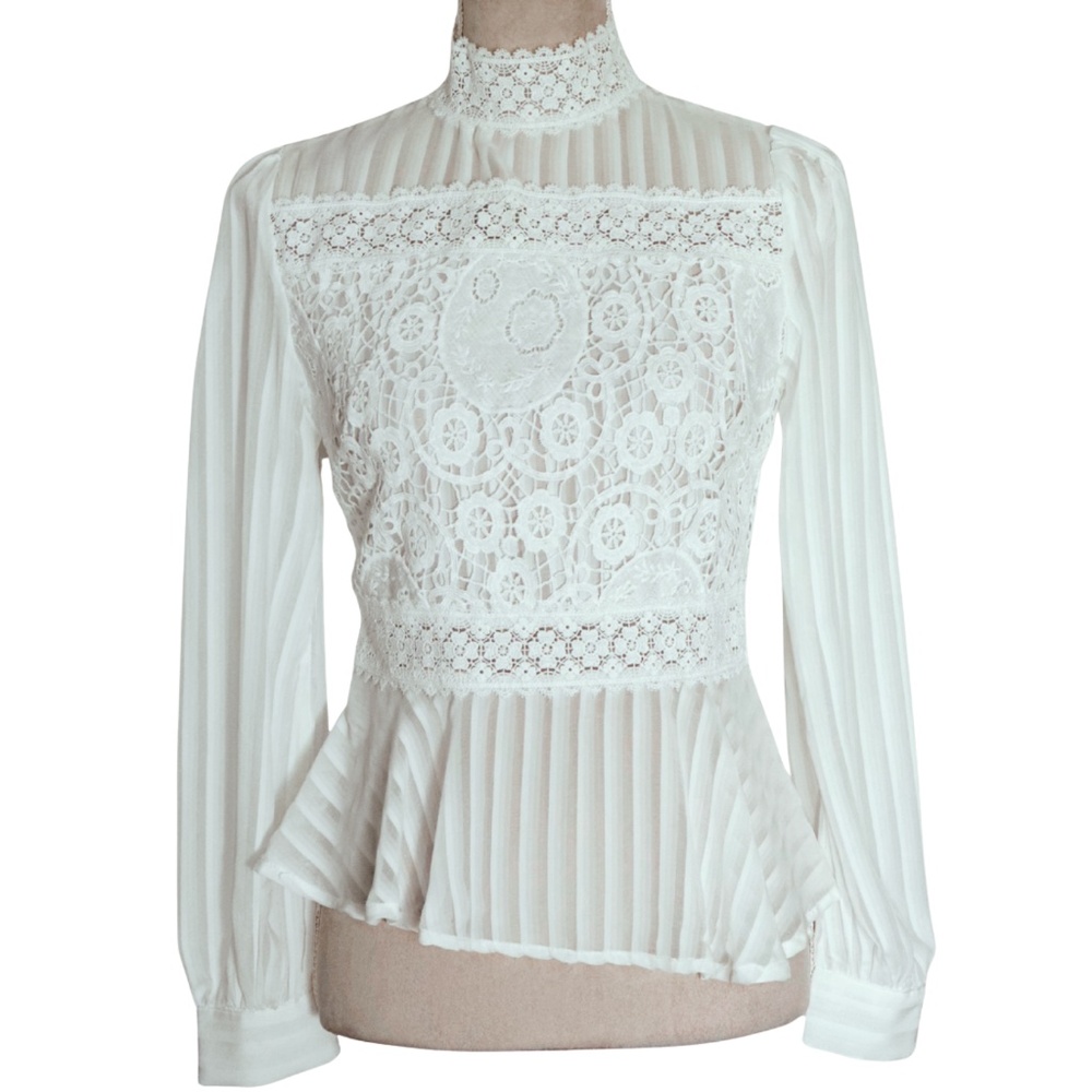 SHEIN - White Lace Panel Blouse – Size S – High Neck - Long Sleeve Top